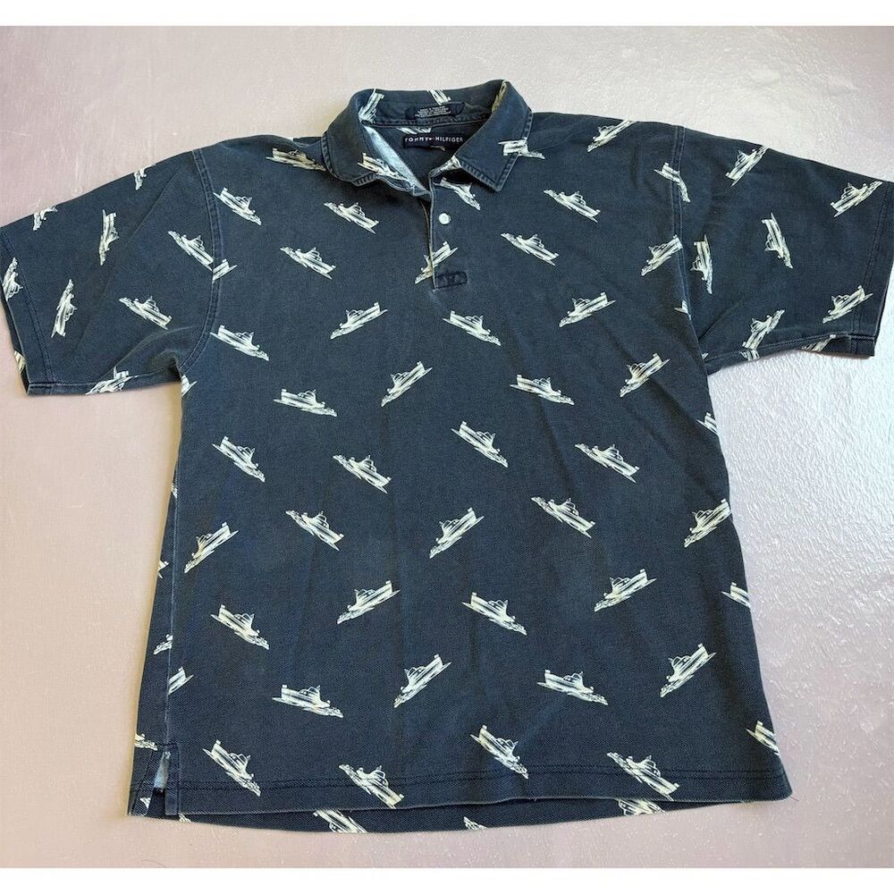 Vintage Tommy Hilfiger Men's Polo Shirt L Blue‎ Boat Pattern Short Sleeve
